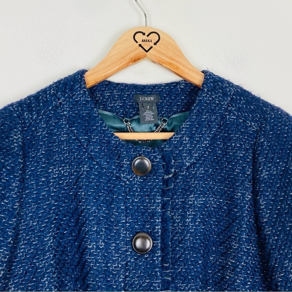 J. Crew navy blue tweed round neck button front lady jacket with frayed edges. 2 - Picture 4 of 8